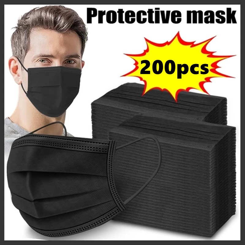 10 200pcs Adult Disposable mask Black 3 layer Non woven face masque chirurgical noir mascarillas negras
