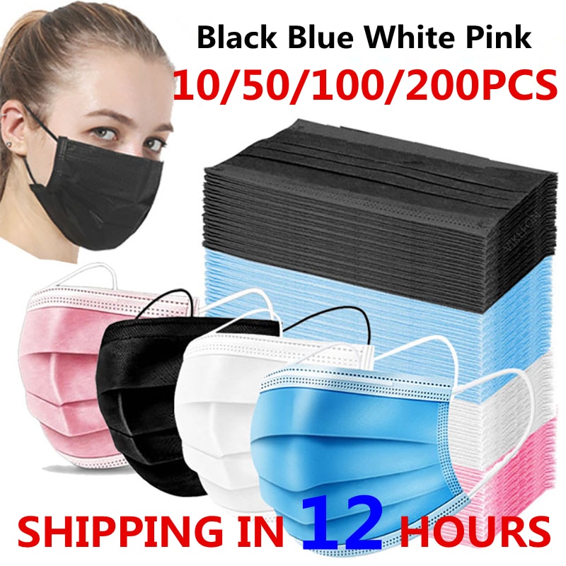 10 200pcs Masks Disposable Non woven Face Mask 3 Layer Filter Dust Breathable Adult Mouth Mask