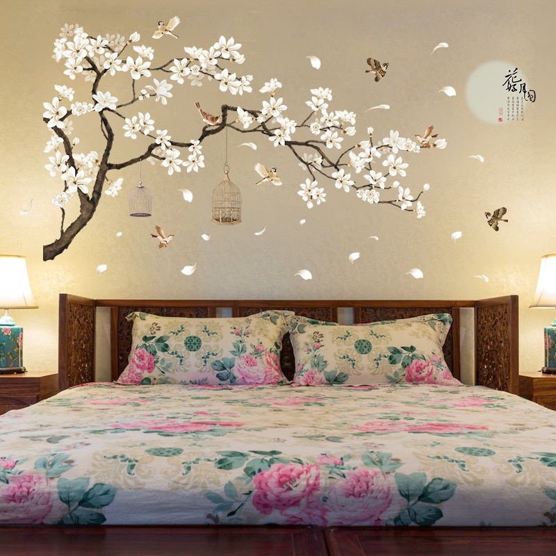 Home Decor Wall Stickers Uk : Pink Blossom Tree Wall Sticker Bird Cage