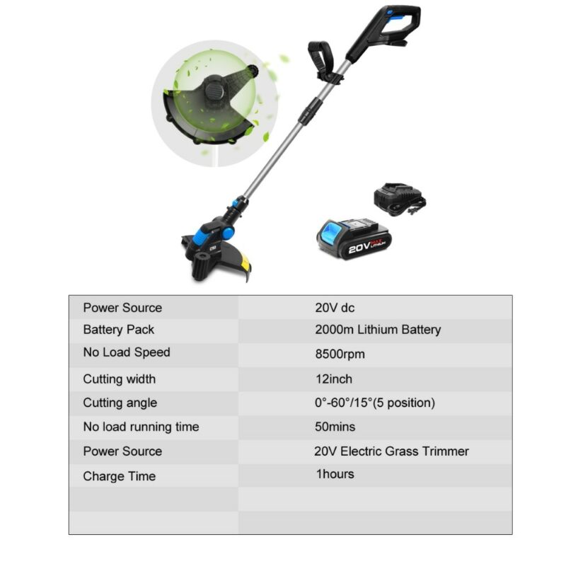 20V Electric Lawn Mower 2000mAh Li ion Cordless Grass Trimmer 12in Auto Release String Cutter Pruning 1