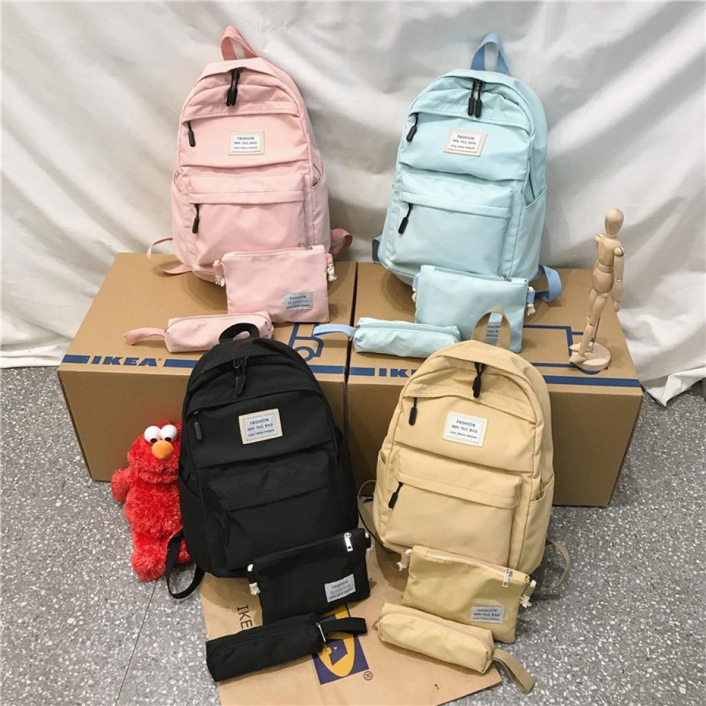 3 set Nylon Backpack Solid Color Shoulder Bag Casual Women Backpack Teenage Girl School Bag Bagpack