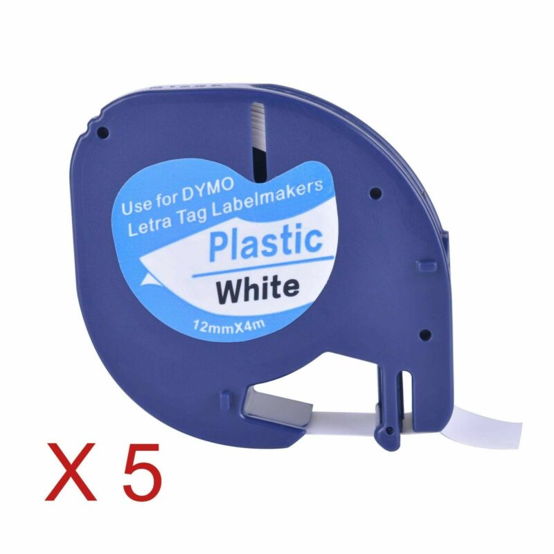 5 Compatible Dymo LetraTag 91201 Black on White 12mm x 4m Plastic Label Tapes