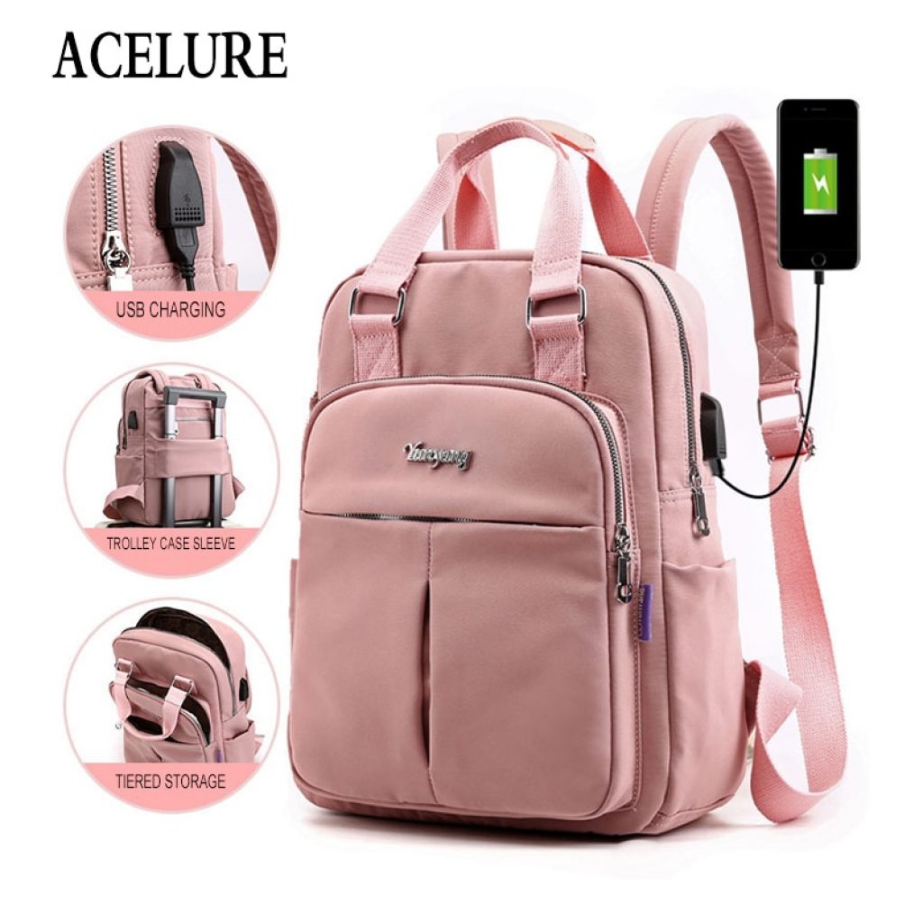 ACELURE Anti Theft USB Charge Nylon Backpack Waterproof Women School Backpacks Bagpack School Bags Teenage Girls
