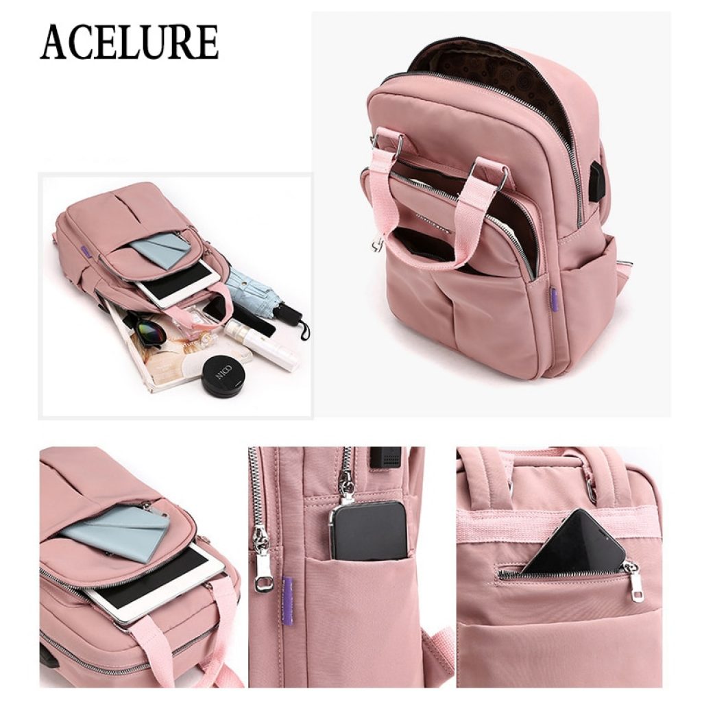 ACELURE Anti Theft USB Charge Nylon Backpack Waterproof Women School Backpacks Bagpack School Bags Teenage Girls 4