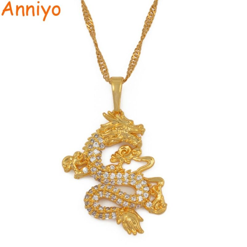 Anniyo CZ Dragon Pendant Necklaces for Women Men Gold Color Jewellery Cubic Zirconia Mascot Ornaments Lucky 2