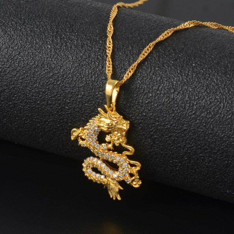 Anniyo CZ Dragon Pendant Necklaces for Women Men Gold Color Jewellery Cubic Zirconia Mascot Ornaments Lucky 3