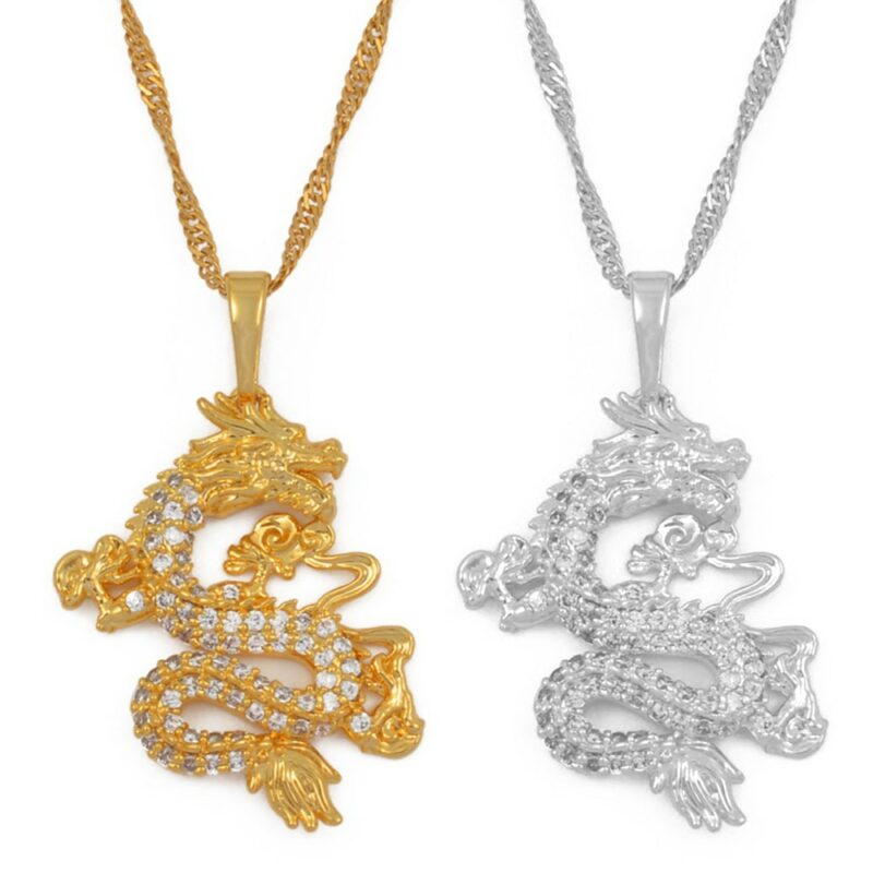 Anniyo CZ Dragon Pendant Necklaces for Women Men Gold Color Jewellery Cubic Zirconia Mascot Ornaments Lucky