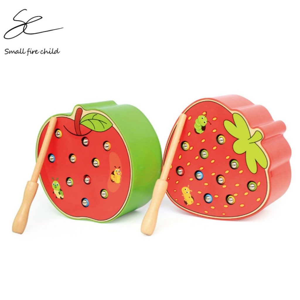 Baby Wooden Toys 3D Puzzle Early Childhood Educational Toys Catch Worm Game Color Cognitive Magnetic Strawberry