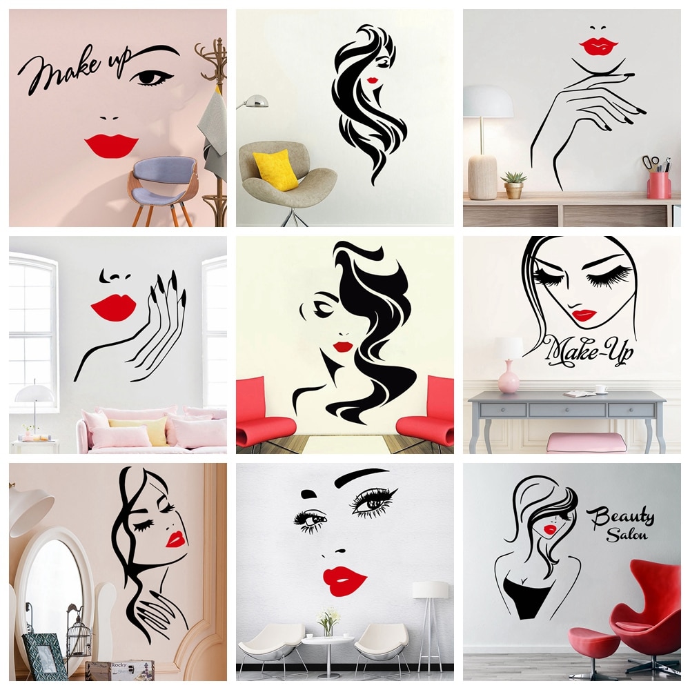 Beauty Salon Wall Sticker Beautiful Lady Hairdresser For Lady s Red Lips Vinyl Makeup Sticker Hair