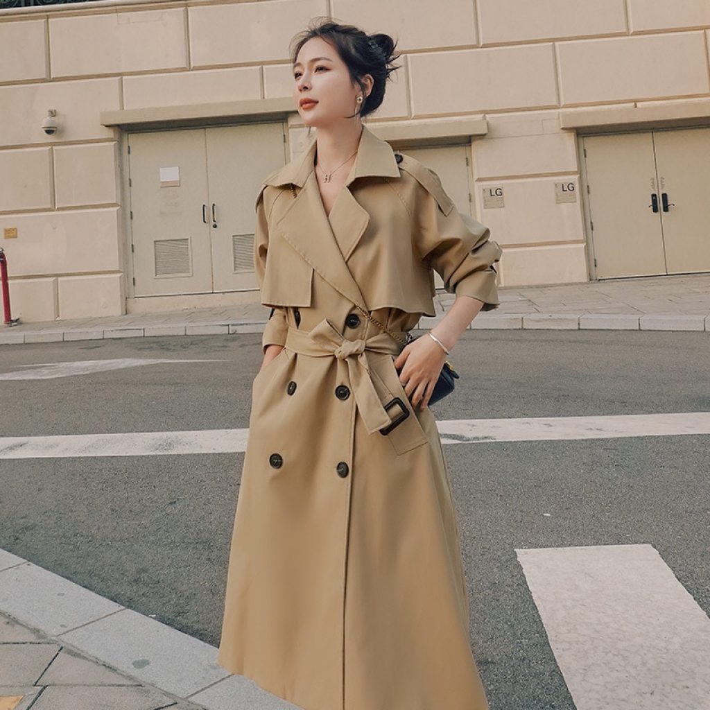 Brand New Spring Autumn Long Women Trench Coat Double Breasted Belted Storm Flaps Khaki Dress Loose