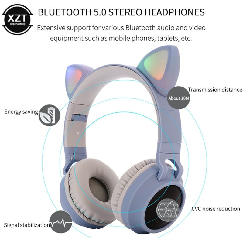 Cat Ear Bluetooth 5 0 Headphones LED Noise Cancelling Girls Kids Cute Headset Support TF Card 4