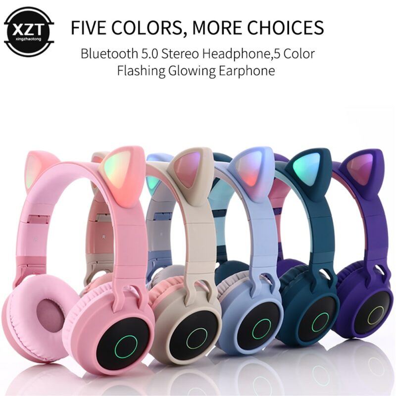 Cat Ear Bluetooth 5 0 Headphones LED Noise Cancelling Girls Kids Cute Headset Support TF Card