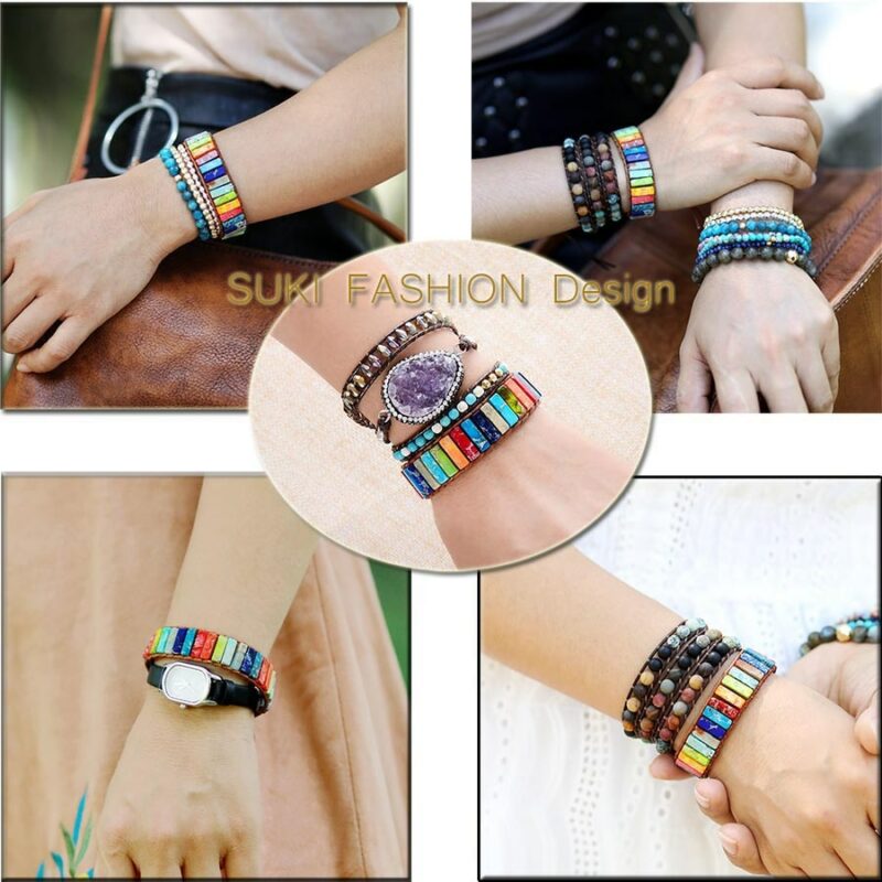 Chakra Bracelet Jewelry Handmade Multi Color Natural Stone Tube Beads Leather Wrap Bracelet Couples Bracelets Gifts 1