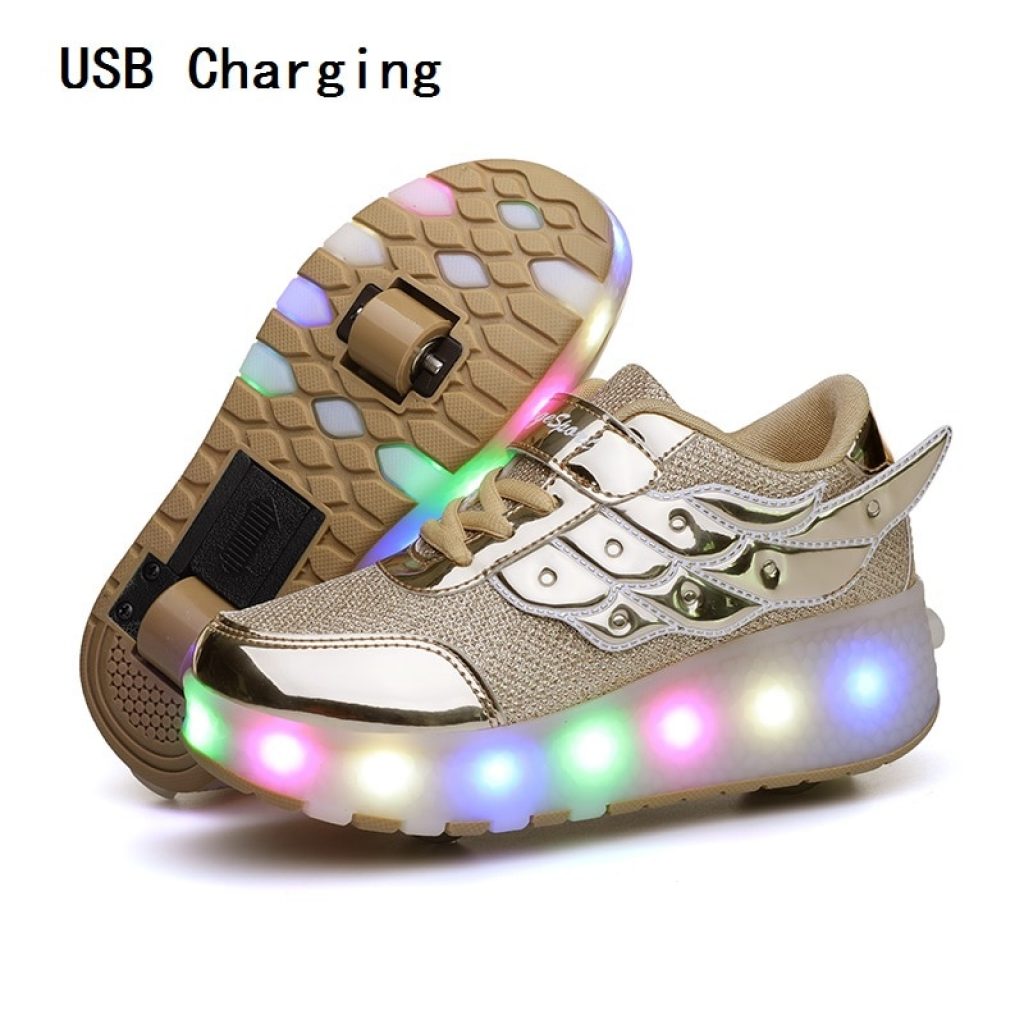 Children One Two Wheels Luminous Glowing Sneakers Gold Pink Led Light Roller Skate Shoes Kids Led 1