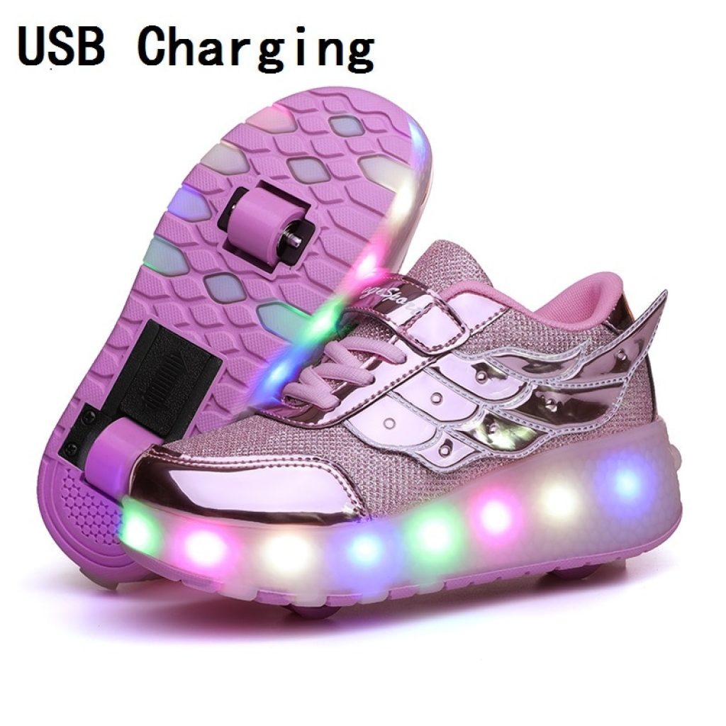 Children One Two Wheels Luminous Glowing Sneakers Gold Pink Led Light Roller Skate Shoes Kids Led