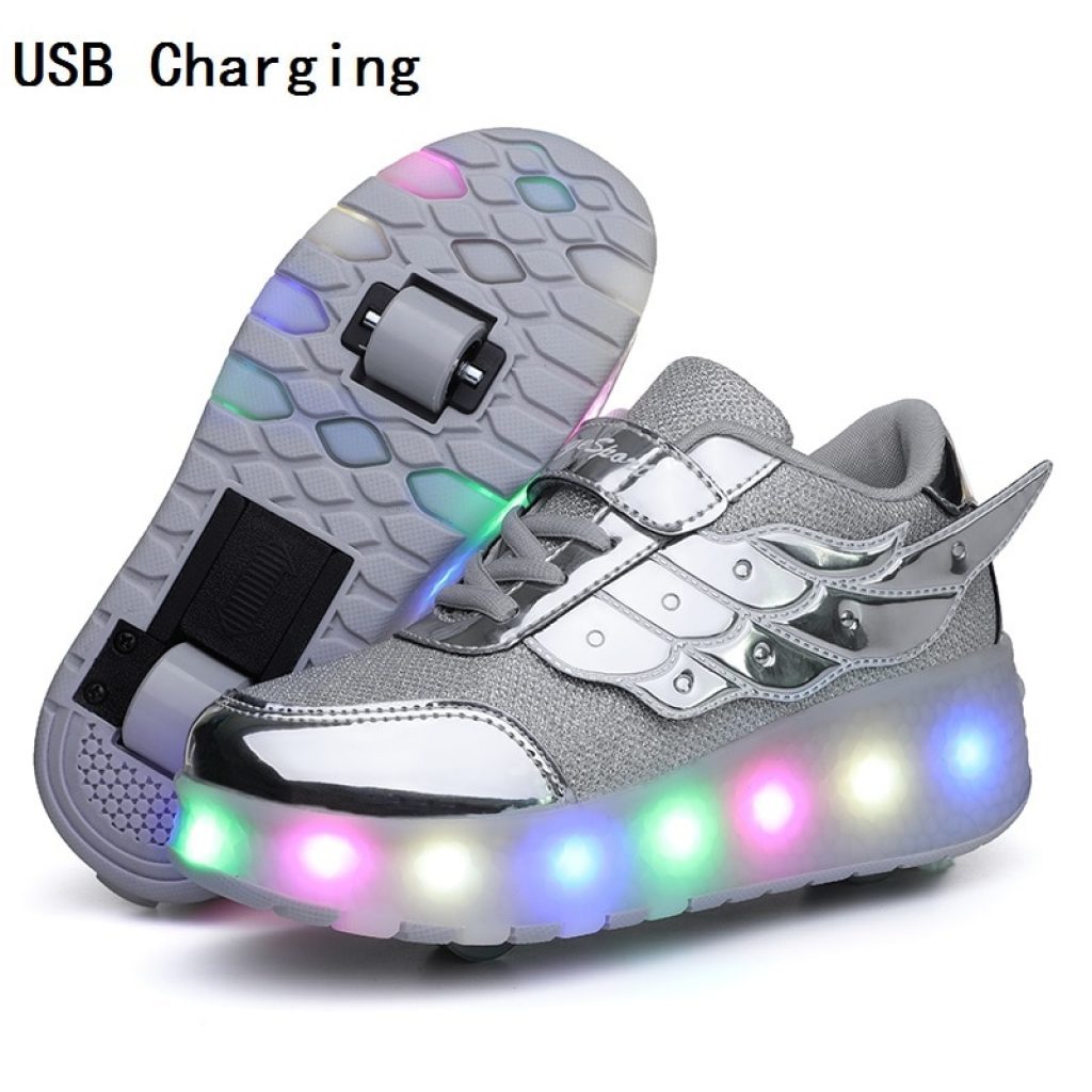 Children One Two Wheels Luminous Glowing Sneakers Gold Pink Led Light Roller Skate Shoes Kids Led 2