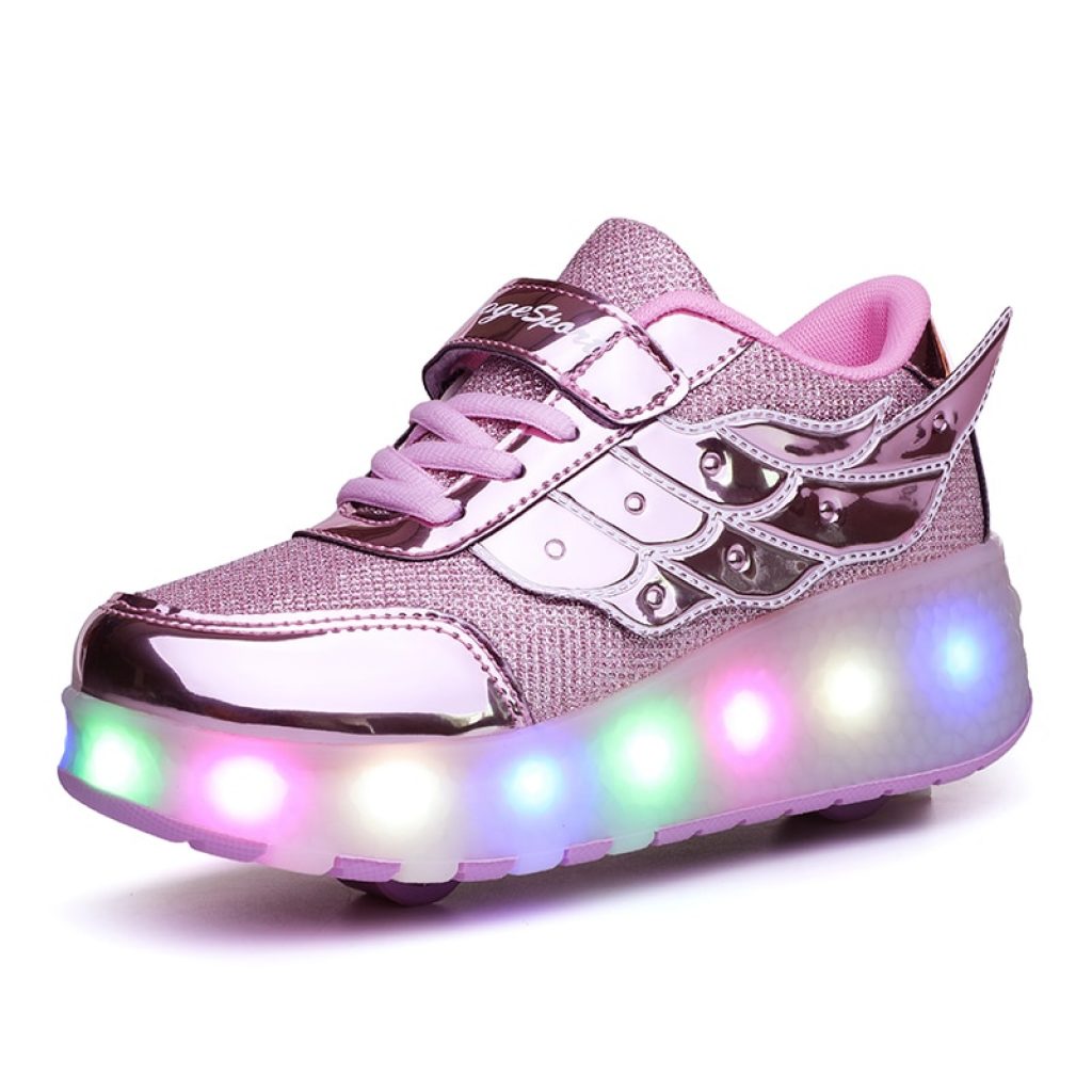 Children One Two Wheels Luminous Glowing Sneakers Gold Pink Led Light Roller Skate Shoes Kids Led 3