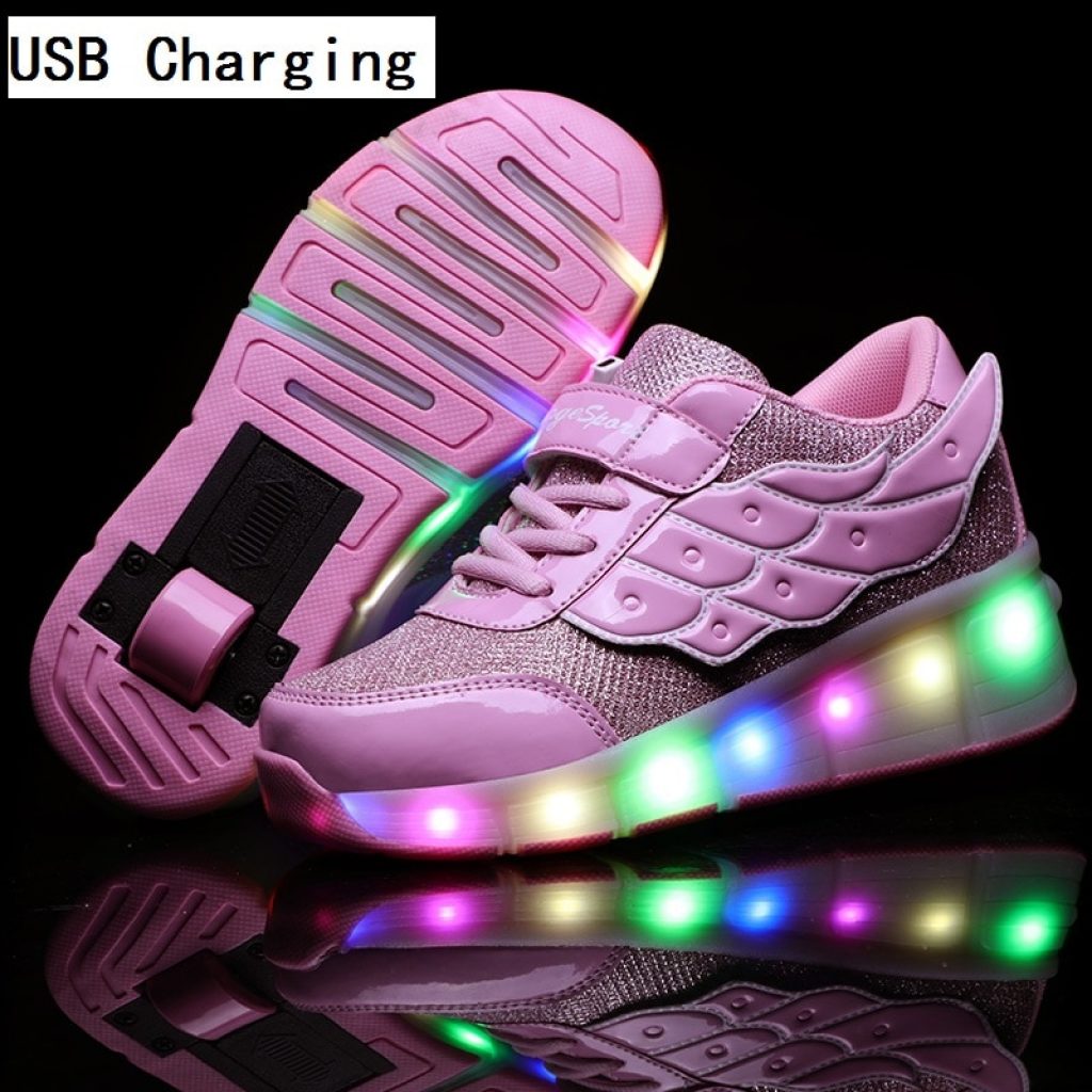 Children One Two Wheels Luminous Glowing Sneakers Gold Pink Led Light Roller Skate Shoes Kids Led 4