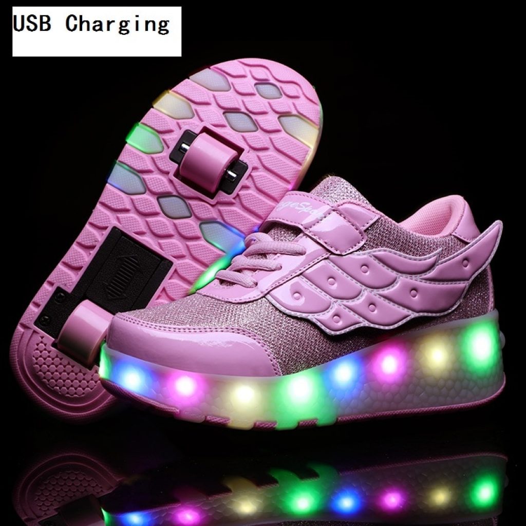 Children One Two Wheels Luminous Glowing Sneakers Gold Pink Led Light Roller Skate Shoes Kids Led 5