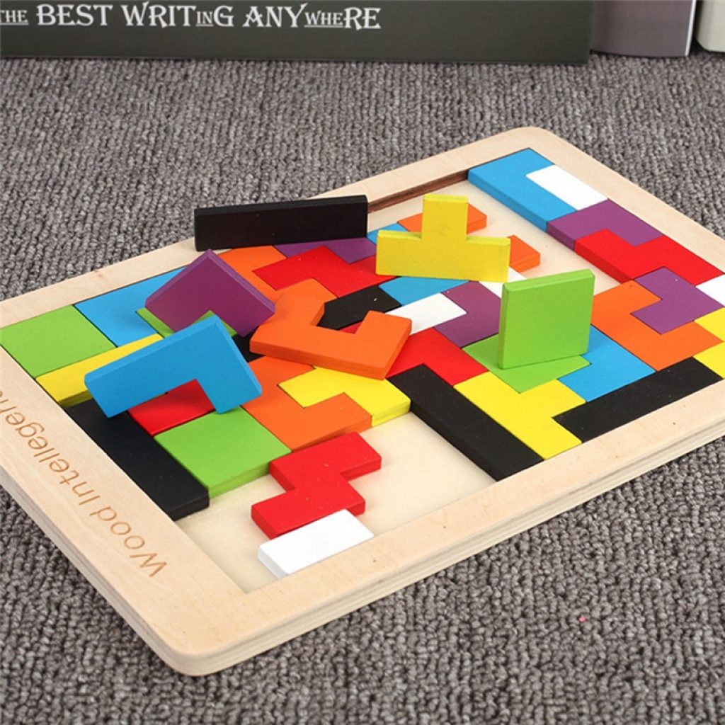 Colorful 3D Puzzle Wooden Tangram Math Toys Tetris Game Children Pre school Magination Intellectual Educational Toy 2