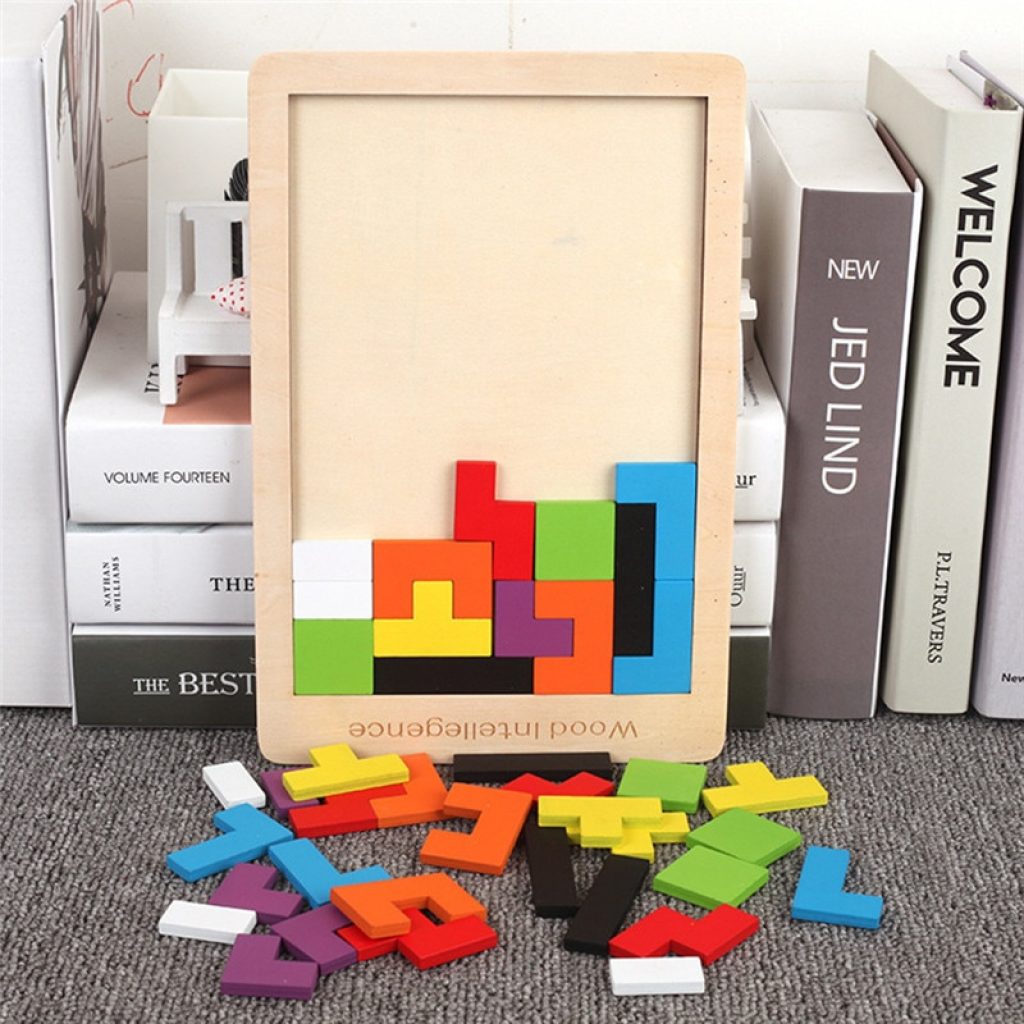 Colorful 3D Puzzle Wooden Tangram Math Toys Tetris Game Children Pre school Magination Intellectual Educational Toy 3