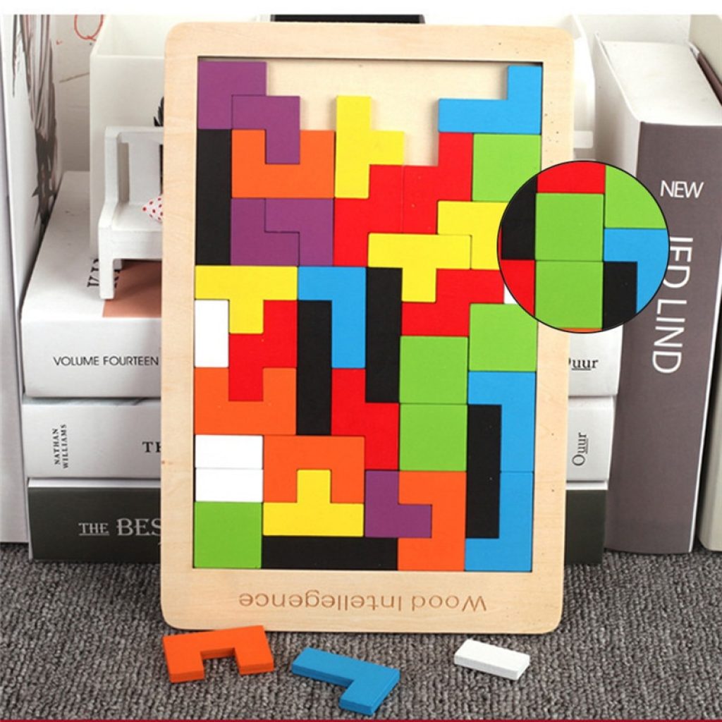 Colorful 3D Puzzle Wooden Tangram Math Toys Tetris Game Children Pre school Magination Intellectual Educational Toy 4