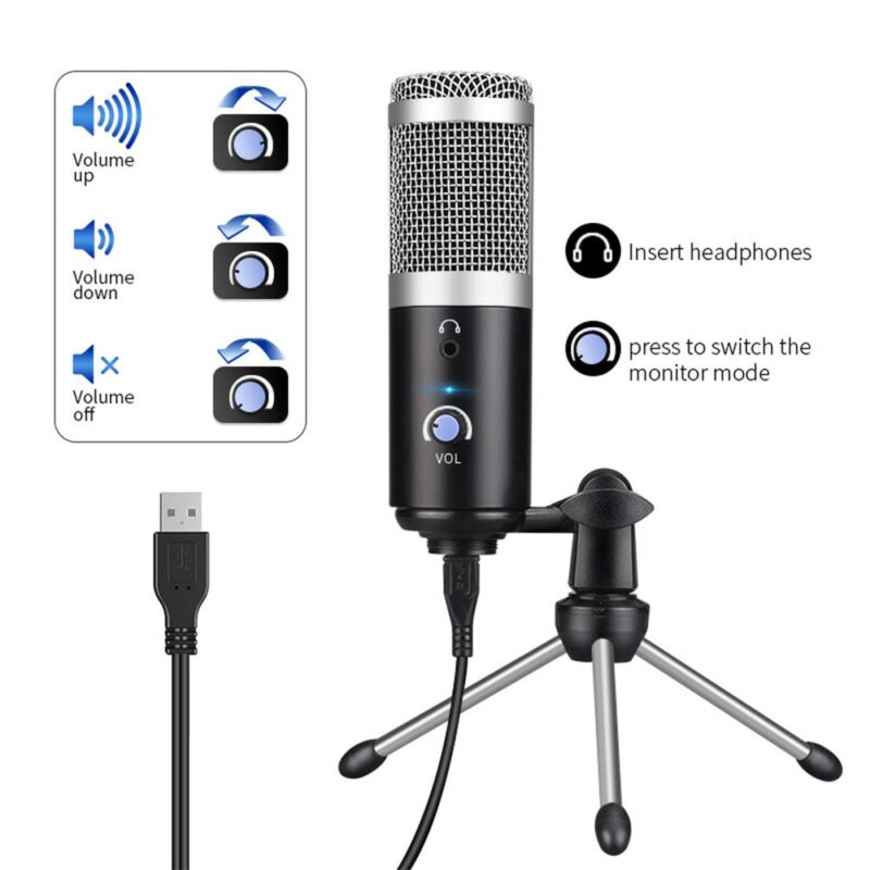 Condenser Microphone With Tripod USB Computer Studio Microphone For PC Microphone For Phone Karaoke Microphone With 2