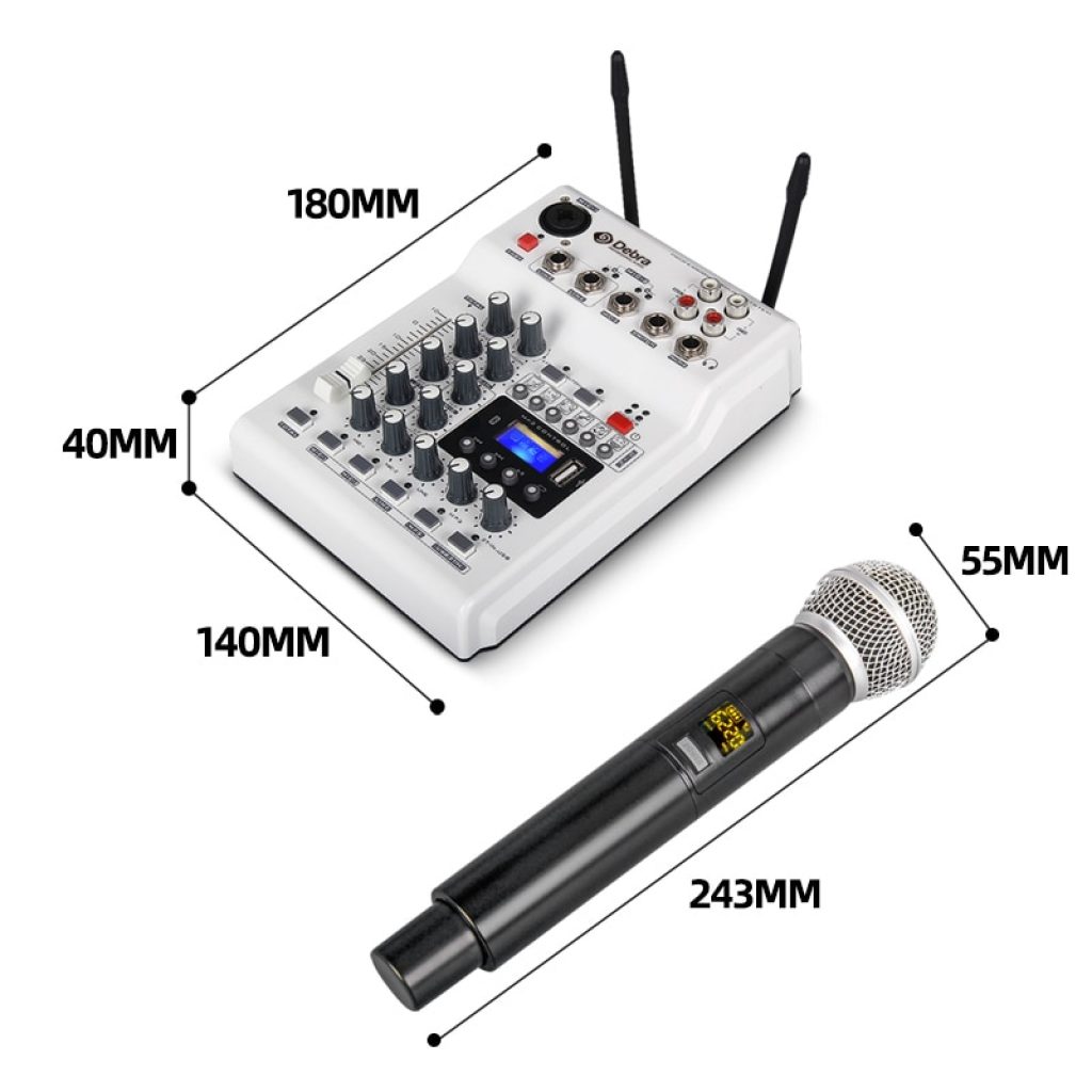 DebraAudio DJ Console Mixer Soundcard with 2channel UHF wireless microphone for Home PC Studio Recording DJ 4
