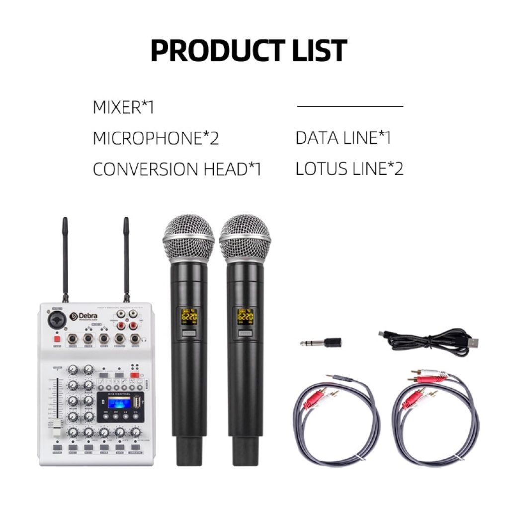 DebraAudio DJ Console Mixer Soundcard with 2channel UHF wireless microphone for Home PC Studio Recording DJ 5