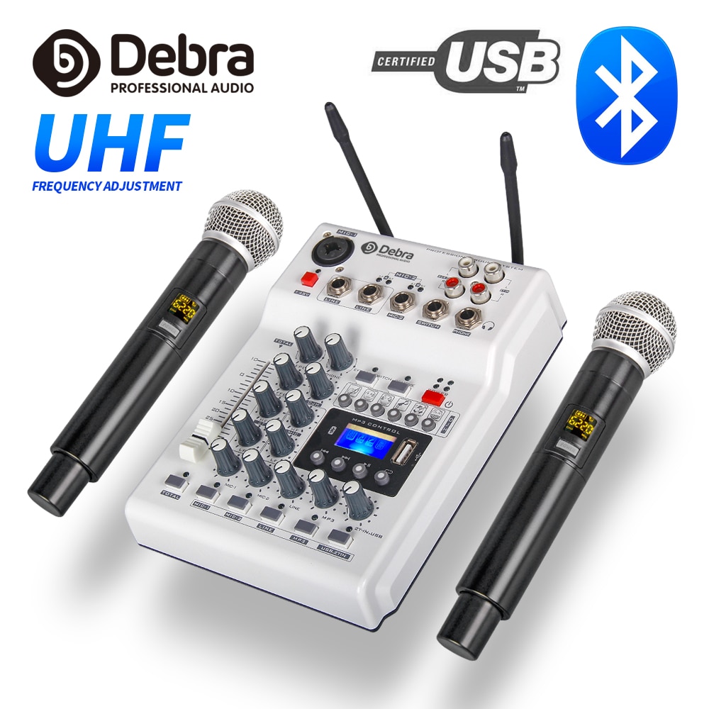 DebraAudio DJ Console Mixer Soundcard with 2channel UHF wireless microphone for Home PC Studio Recording DJ