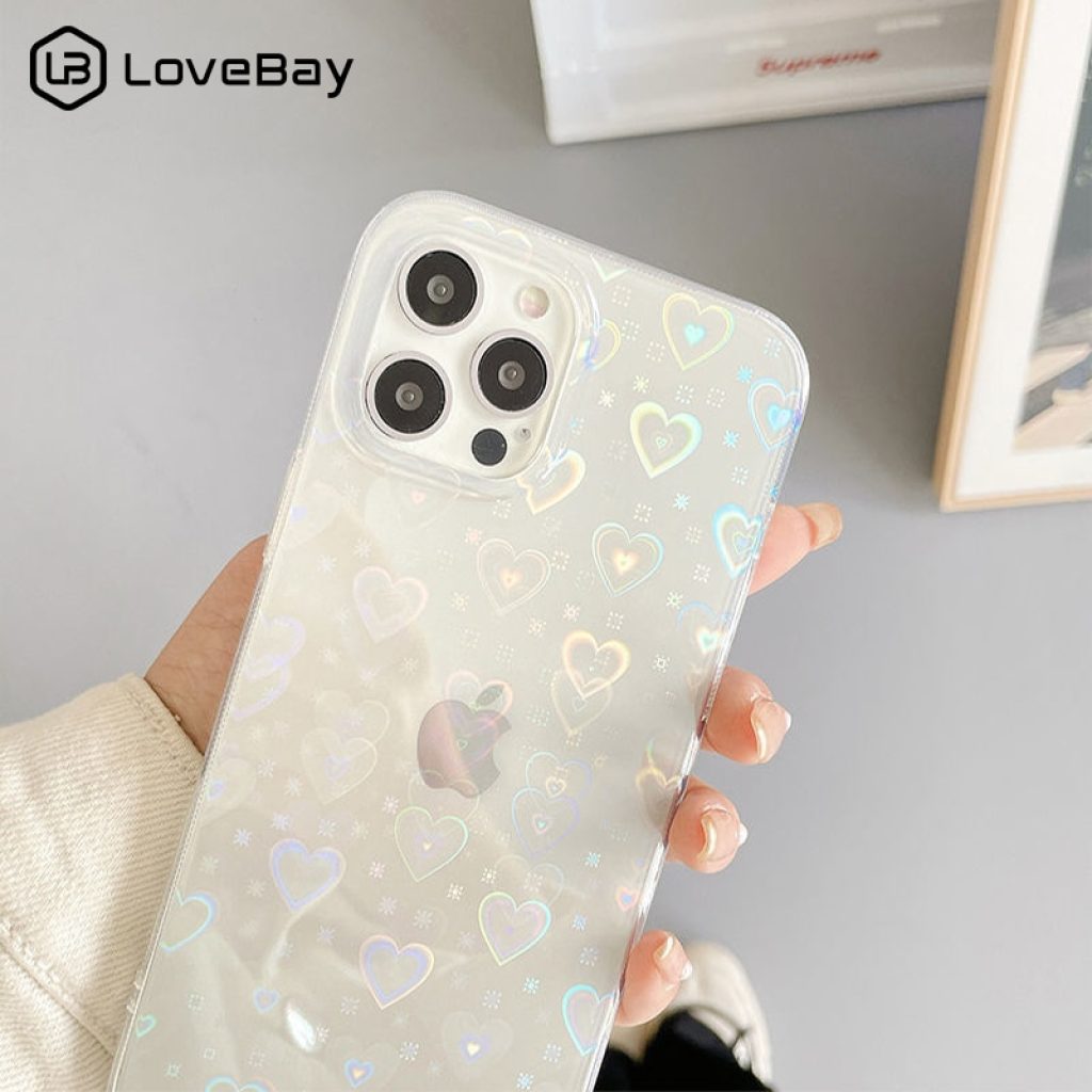 Fashion Gradient Laser Love Heart Pattern Clear Phone Case For iPhone 11 12 13 Pro Max