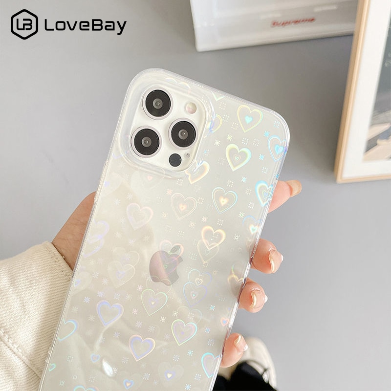 Fashion Gradient Laser Love Heart Pattern Clear Phone Case For iPhone 11 12 13 Pro