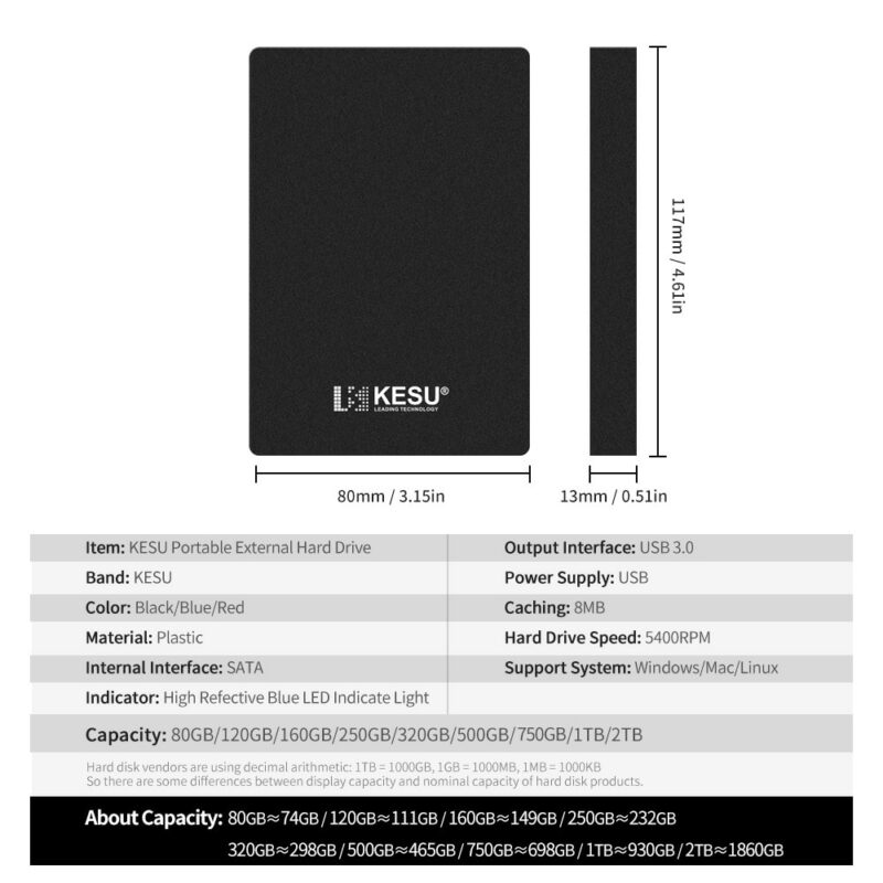 KESU 2 5 External Hard Drive 320gb 500gb 750gb 1tb USB3 0 Portable HDD Storage Compatible 5