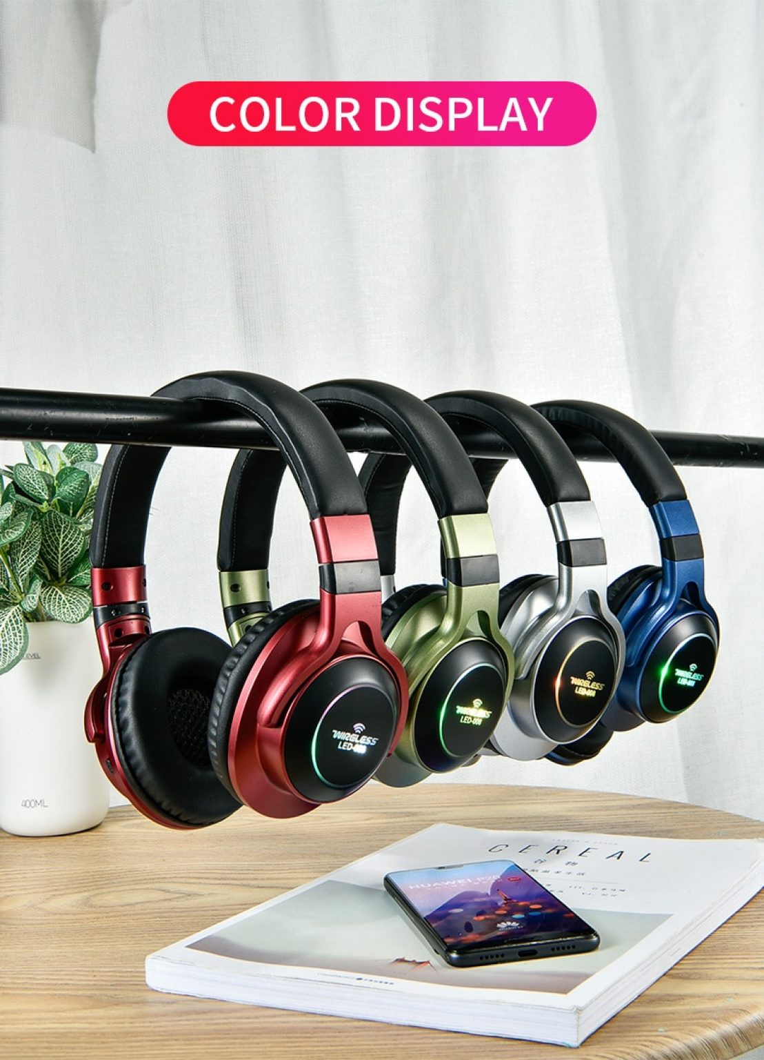 LED Light Wireless Bluetooth Headphones 3D Stereo Earphone With Mic Headset Support TF Card FM Mode 2