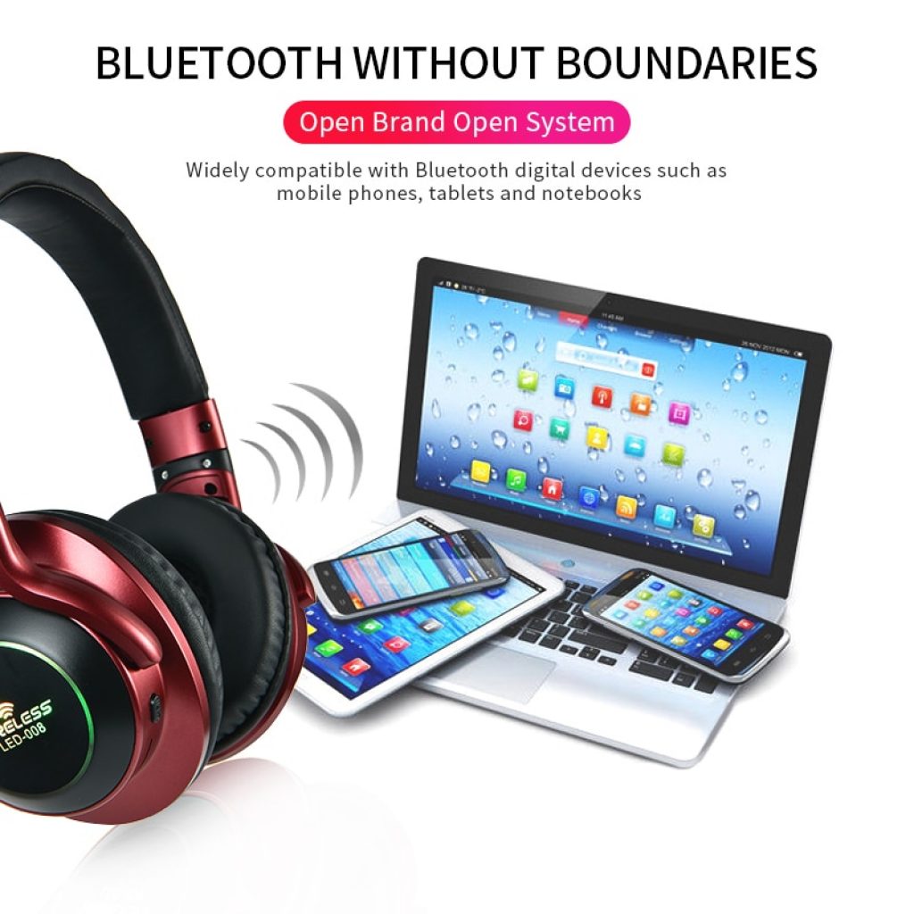 LED Light Wireless Bluetooth Headphones 3D Stereo Earphone With Mic Headset Support TF Card FM Mode 4