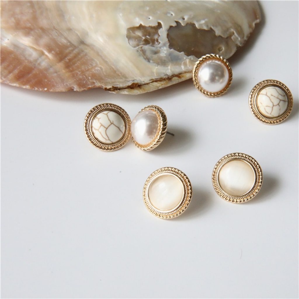 MENGJIQIAO 2019 Japan New Vintage Round Marble Opal Stone Big Stud Earrings For Women Fashion Temperament