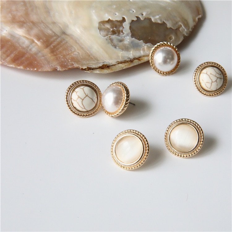 MENGJIQIAO 2019 Japan New Vintage Round Marble Opal Stone Big Stud Earrings For Women Fashion Temperament