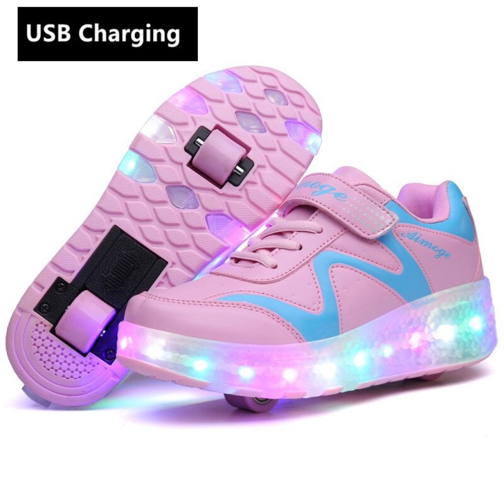 One Two Wheels USB Charging Sneakers Led Light Roller Skate Shoes for Children Kids Led Shoes 3