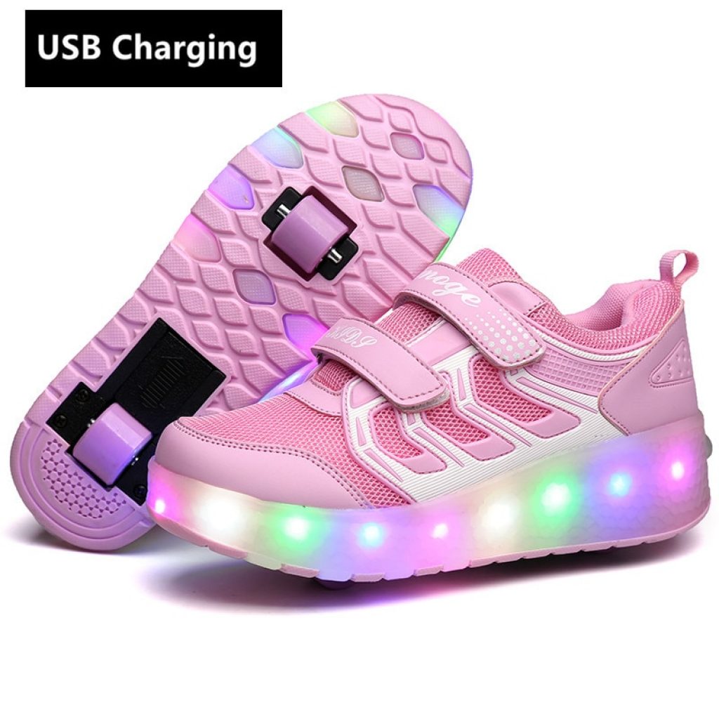 One Two Wheels USB Charging Sneakers Led Light Roller Skate Shoes for Children Kids Led Shoes 4