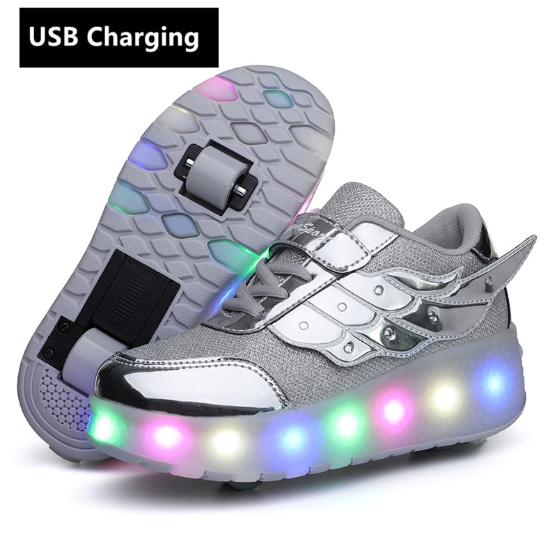 One Two Wheels USB Charging Sneakers Led Light Roller Skate Shoes for Children Kids Led Shoes