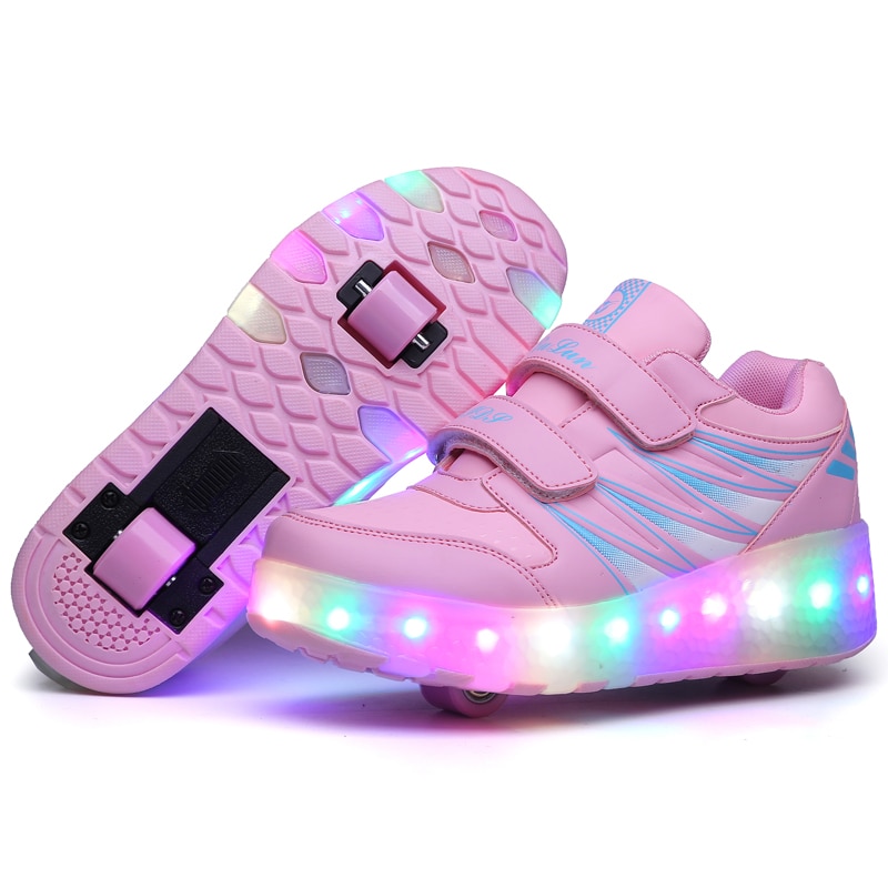 Two Wheels Luminous Sneakers Black Pink Led Light Roller Skate Shoes Children Kids Led Shoes Boys