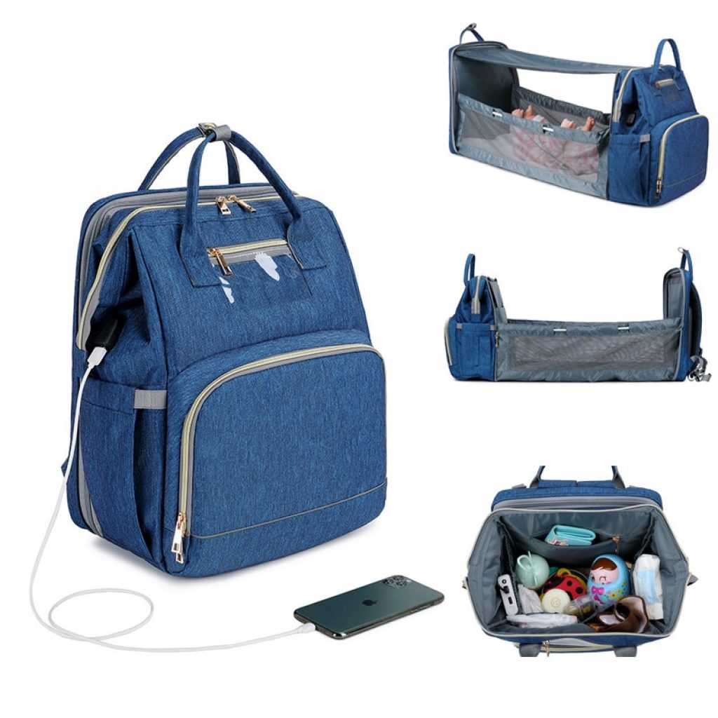 USB Diaper Bags Backpack Foldable Sunscreen Baby Bed Crib Bag Large Capacity Insulation Nursing Stroller Bag