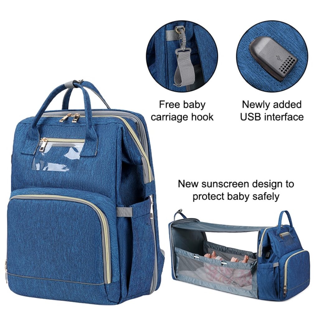 USB Diaper Bags Backpack Foldable Sunscreen Baby Bed Crib Bag Large Capacity Insulation Nursing Stroller Bag 2