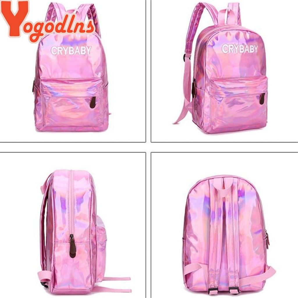 Yogodlns 2020 Holographic Laser Backpack Embroidered Crybaby Letter Hologram Backpack set School Bag shoulder bag penbag 1