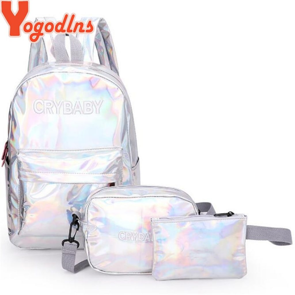 Yogodlns 2020 Holographic Laser Backpack Embroidered Crybaby Letter Hologram Backpack set School Bag shoulder bag penbag