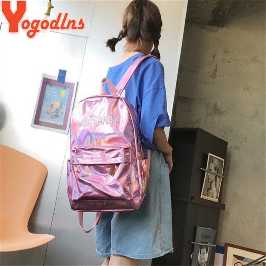 Yogodlns 2020 Holographic Laser Backpack Embroidered Crybaby Letter Hologram Backpack set School Bag shoulder bag penbag 4