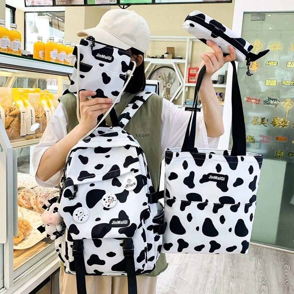 4 piece Set Cow Pattern Fashion Women s Backpack Nylon Waterproof Schoolbag For Girls Large capacity