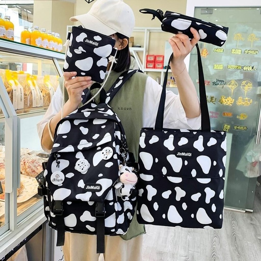 4 piece Set Cow Pattern Fashion Women s Backpack Nylon Waterproof Schoolbag For Girls Large capacity 2