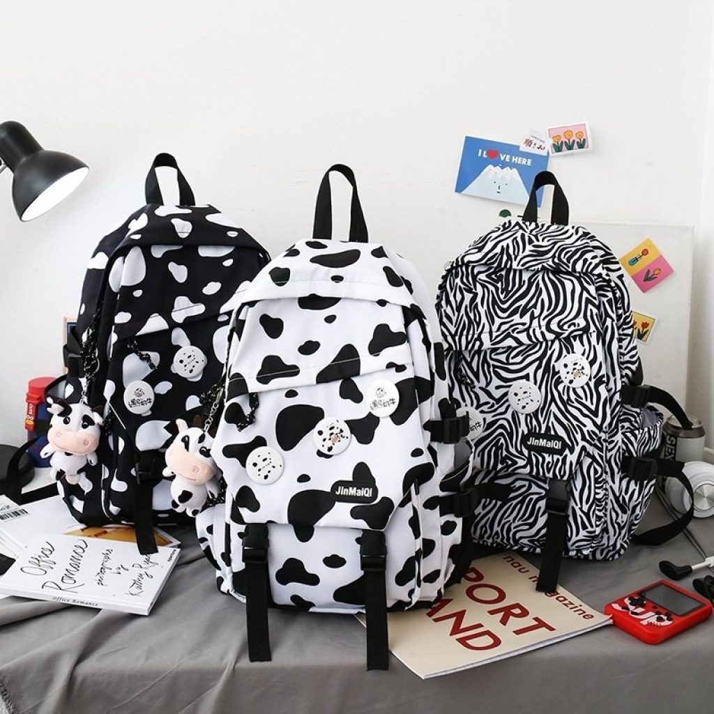 4 piece Set Cow Pattern Fashion Women s Backpack Nylon Waterproof Schoolbag For Girls Large capacity 3