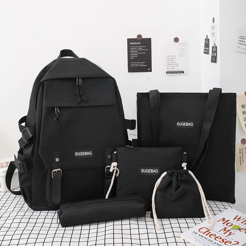 5 Piece Set Casual Backpacks New School Bags For Teenage Girls Women Backpack Canvas Travel Bookbags